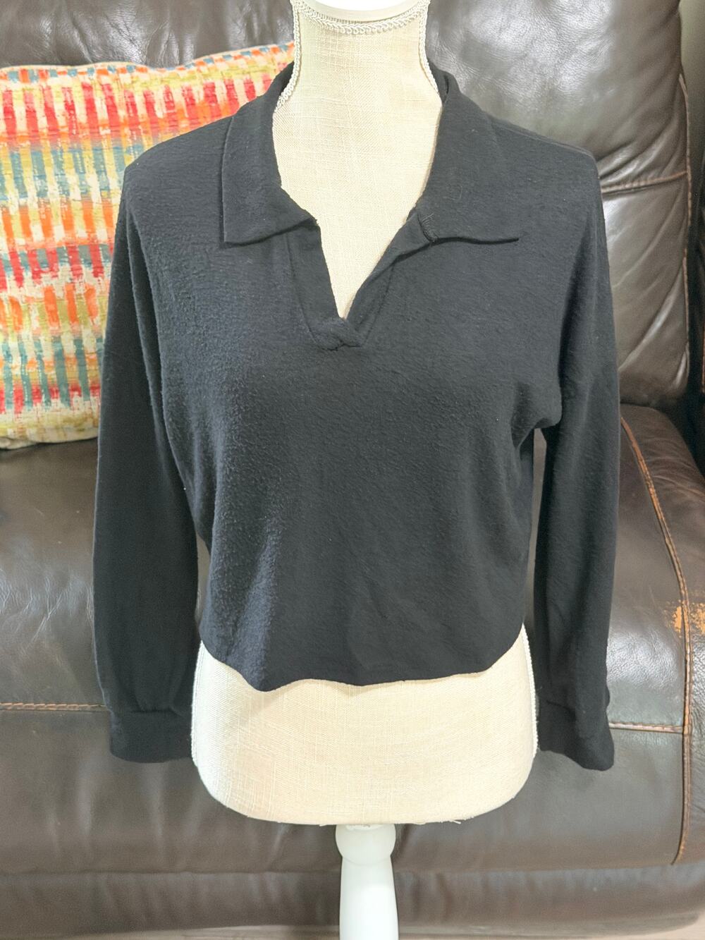 Caution to the Wind Black Cropped Polo Top Size Medium
